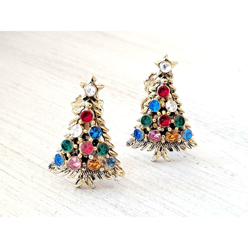 Vintage WEISS Rhinestone Clip-On Earrings Christmas Trees Multicolored